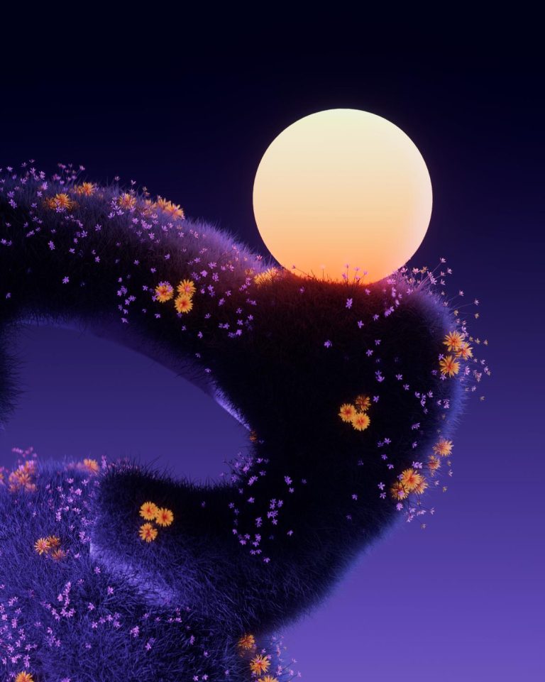 Alex Spenser is Embracing the Symphony of New Beginnings in "Rebirth" Vibrant moonlit landscape with glowing flowers and lush, fuzzy vegetation in a surreal night scene.