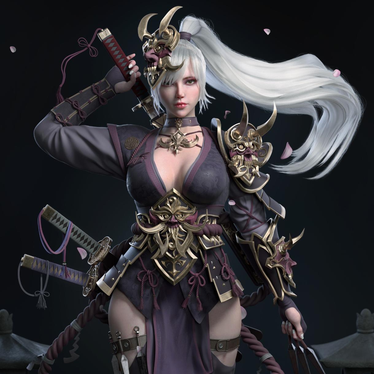 Anime warrior cosplay featuring detailed armor and weapons, inspired by traditional and fantasy design elements.
