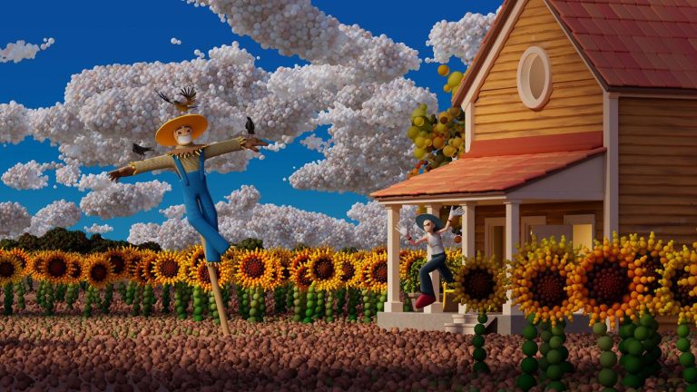 Vollut's "Safe Distance" Exhibition is a magic Journey into Immersive Digital Art Colorful animated scarecrow with sunflower field and wooden house in bright cartoon style, vibrant outdoor garden scene.