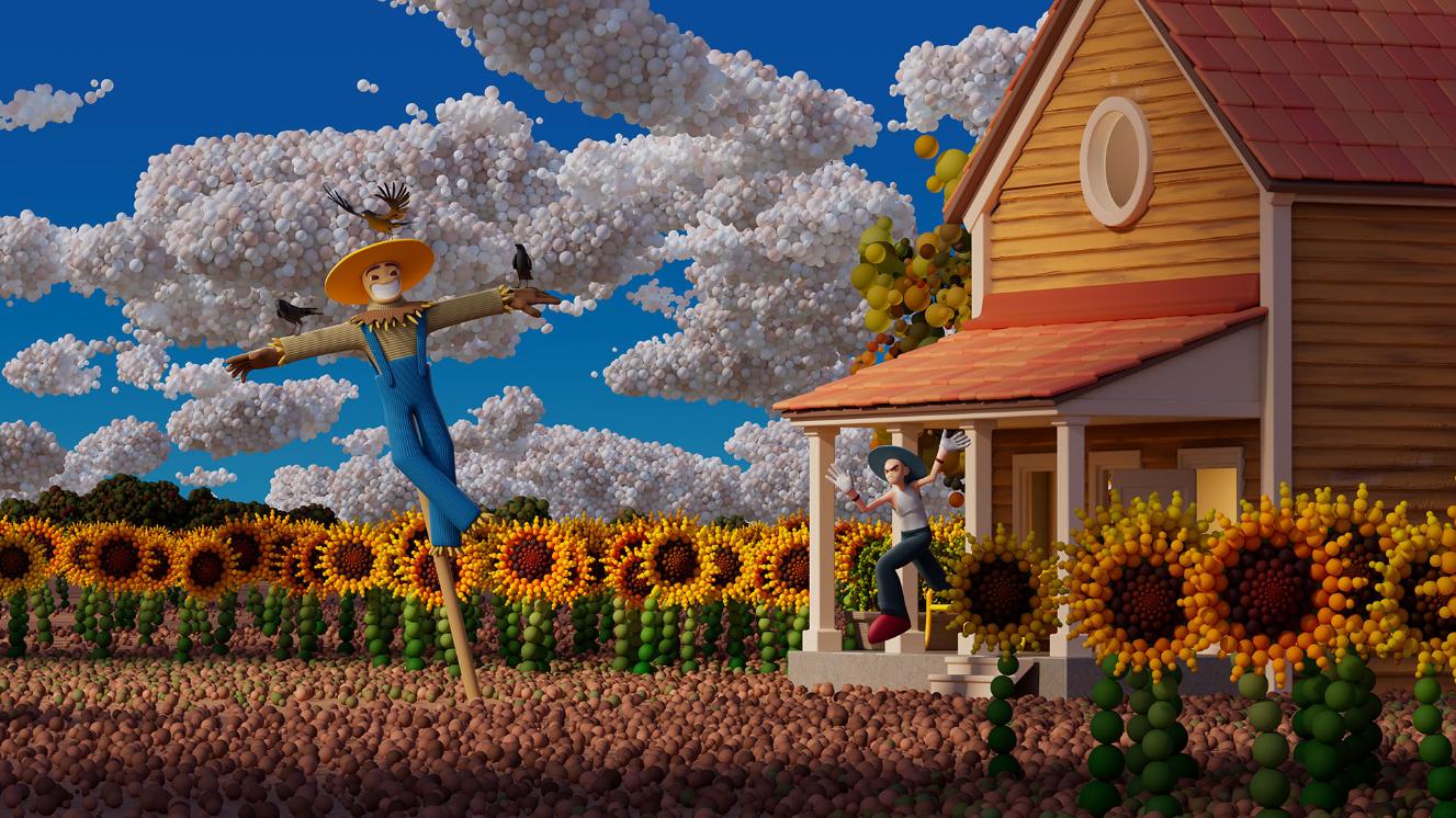 Colorful animated scarecrow with sunflower field and wooden house in bright cartoon style, vibrant outdoor garden scene.