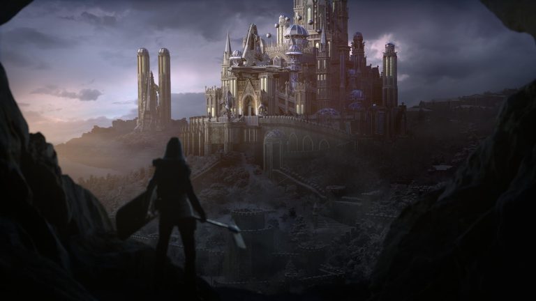 Lunazul Castle: A Vision of Celestial Grandeur by Chun Yao Chang Castle overlooking a dark, mystical landscape illuminated at sunset with fantasy architecture and adventurous atmosphere.