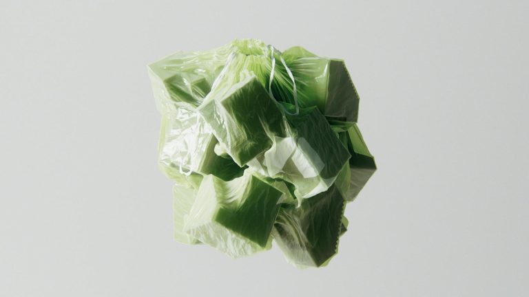 Aggressive and LOOP Craft a Metaphorical CG Medley for COP28 Vivid green lettuce wrapped in plastic packaging, fresh and ready for sale or consumption.