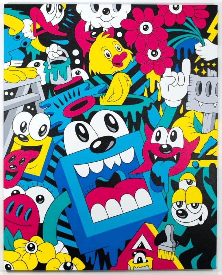 Colorful cartoon illustration featuring quirky happy characters, flowers, and playful doodles from Visual Atelier 8.