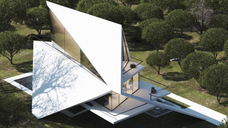 Modern geometric house with lush surroundings and large reflective windows.