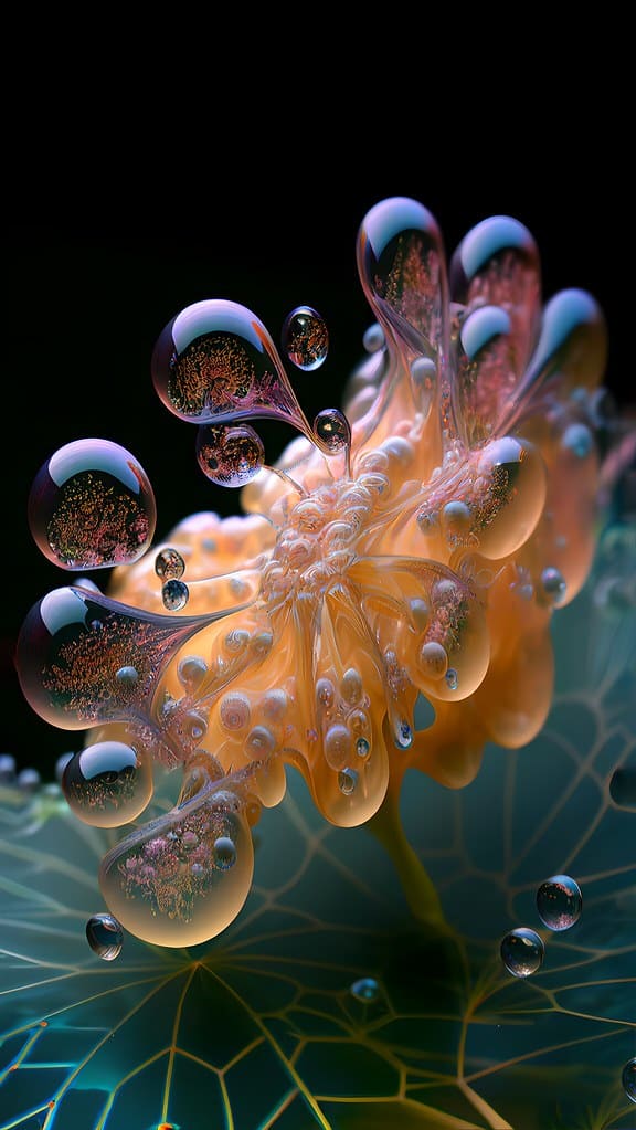 Delicate flower-like structure with translucent droplets in a dark background, showcasing natures microscopic beauty.