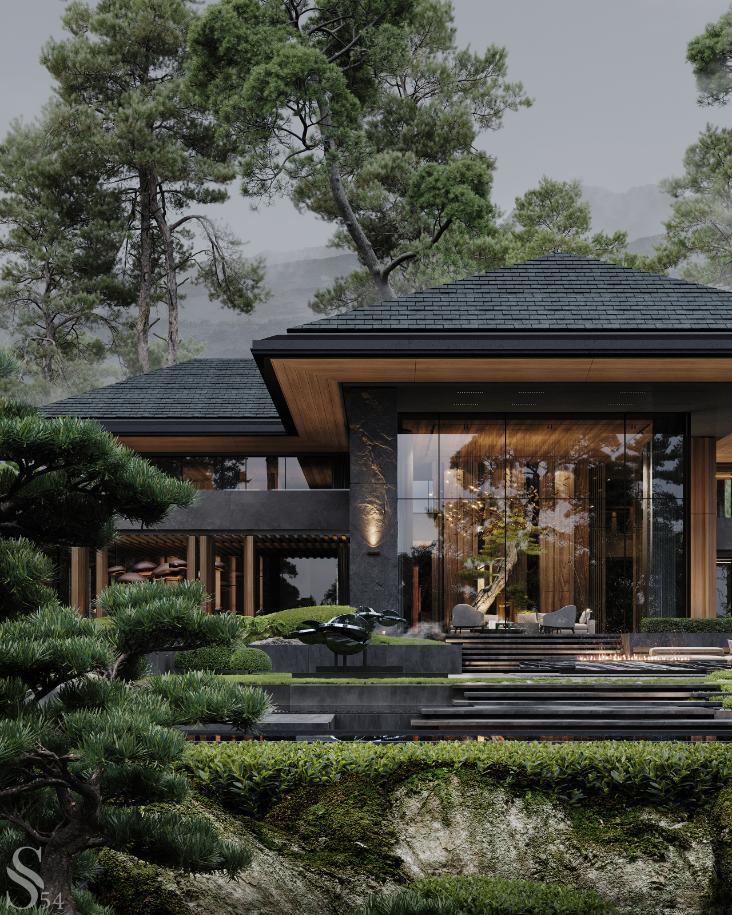 Villa Kensho by Studia 54: Harmonious and Innovative Living Luxurious modern house with black roofing and extensive glass windows in lush natural setting.