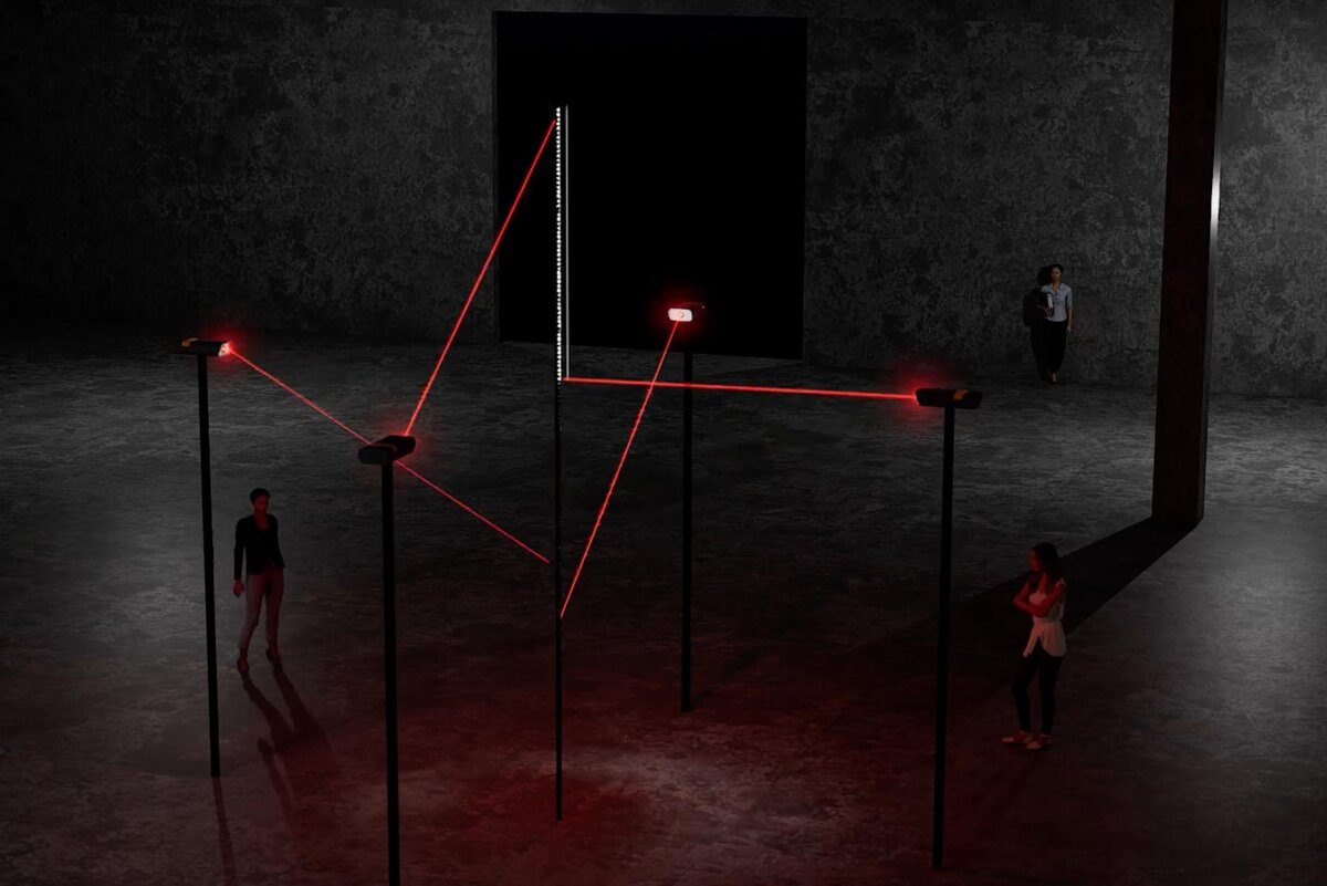 LED light installation artwork in a dark gallery space at Visual Atelier 8.