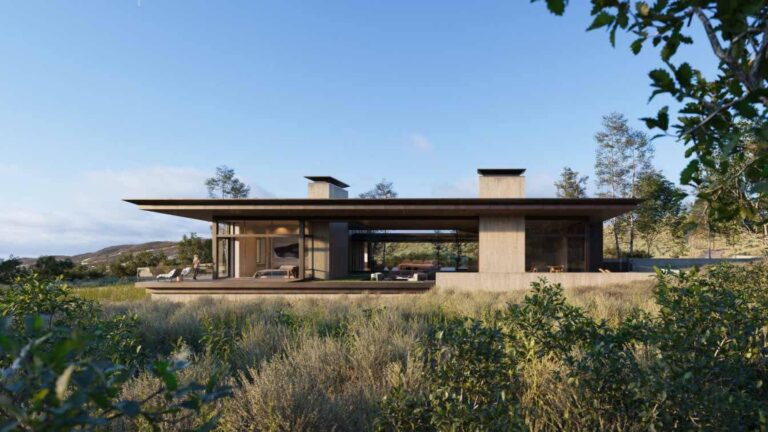 Modern mountain retreat with sleek architecture, natural materials, and serene landscape views.