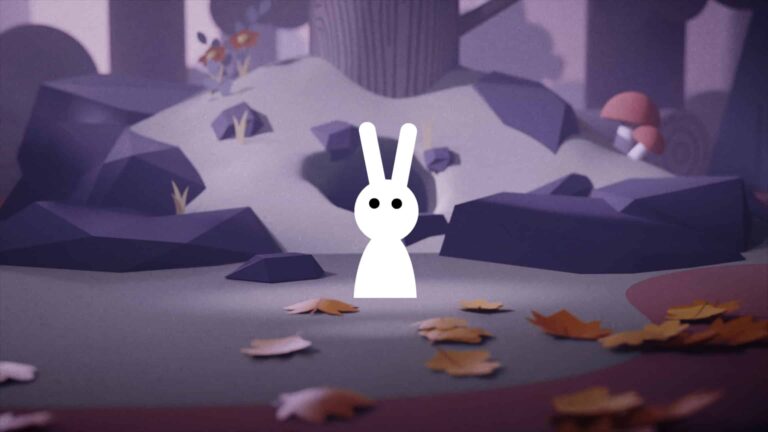 Minimalist white rabbit in autumn forest with block-like trees and mysterious background character.