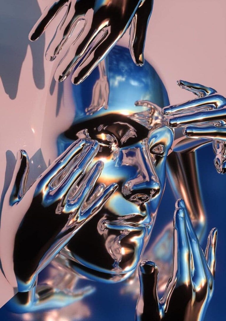 An interview with FVCKRENDER on evoking emotions through intricate art Reflective metallic human face with hands, futuristic digital art, abstract sculpture, modern art, high-resolution visual.