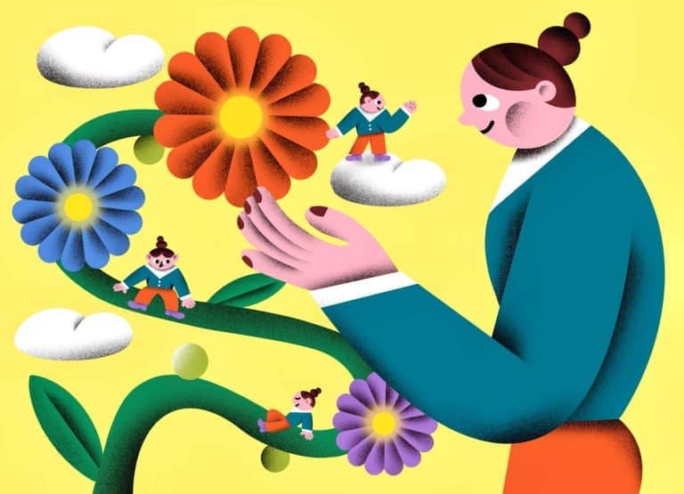 Wenqing Gu is Bridging Worlds with Exquisite Artistry and Heart Vibrant illustration of colorful flowers and tiny characters on a yellow background, showcasing imaginative digital art.