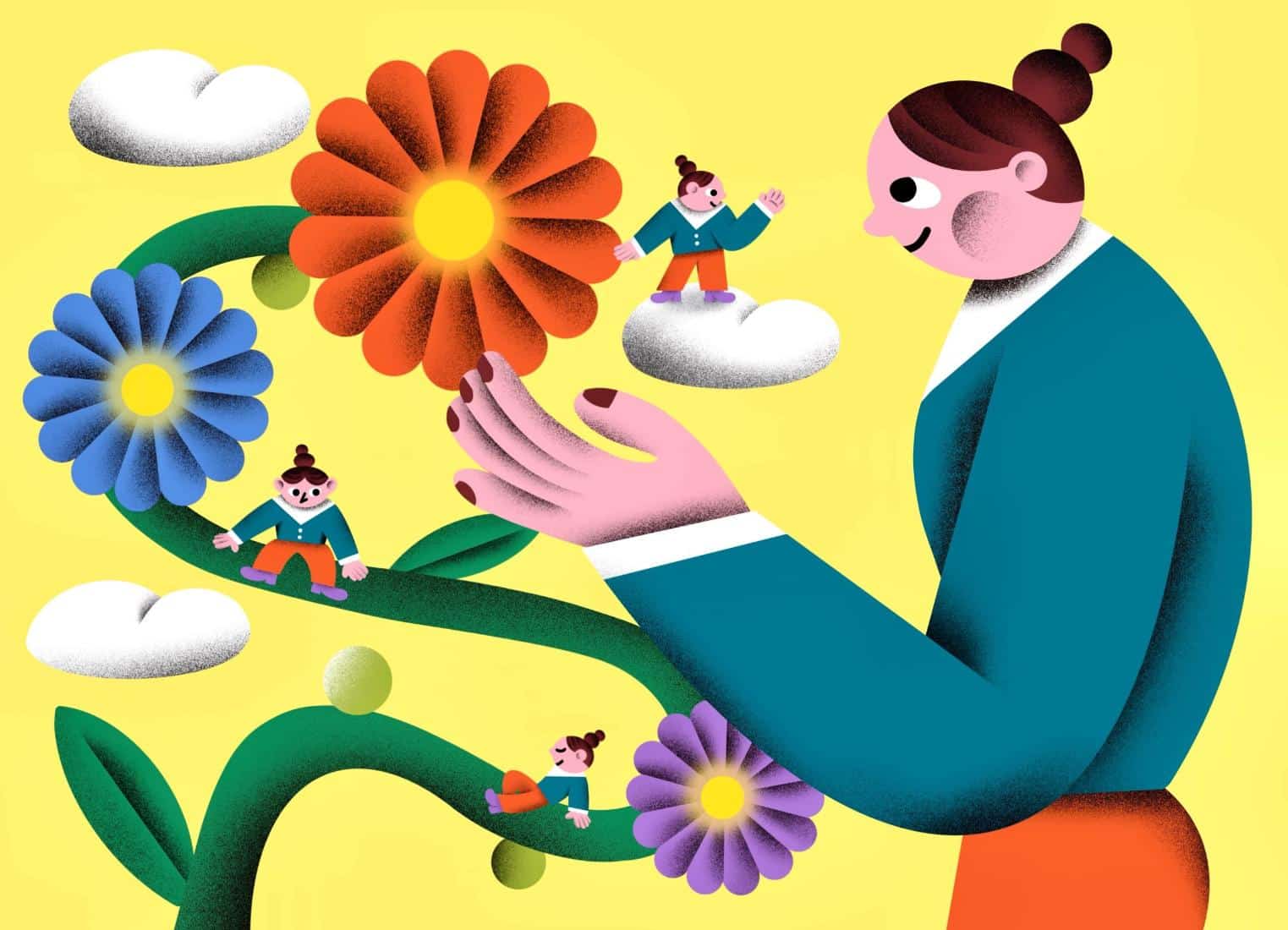 Vibrant illustration of colorful flowers and tiny characters on a yellow background, showcasing imaginative digital art.