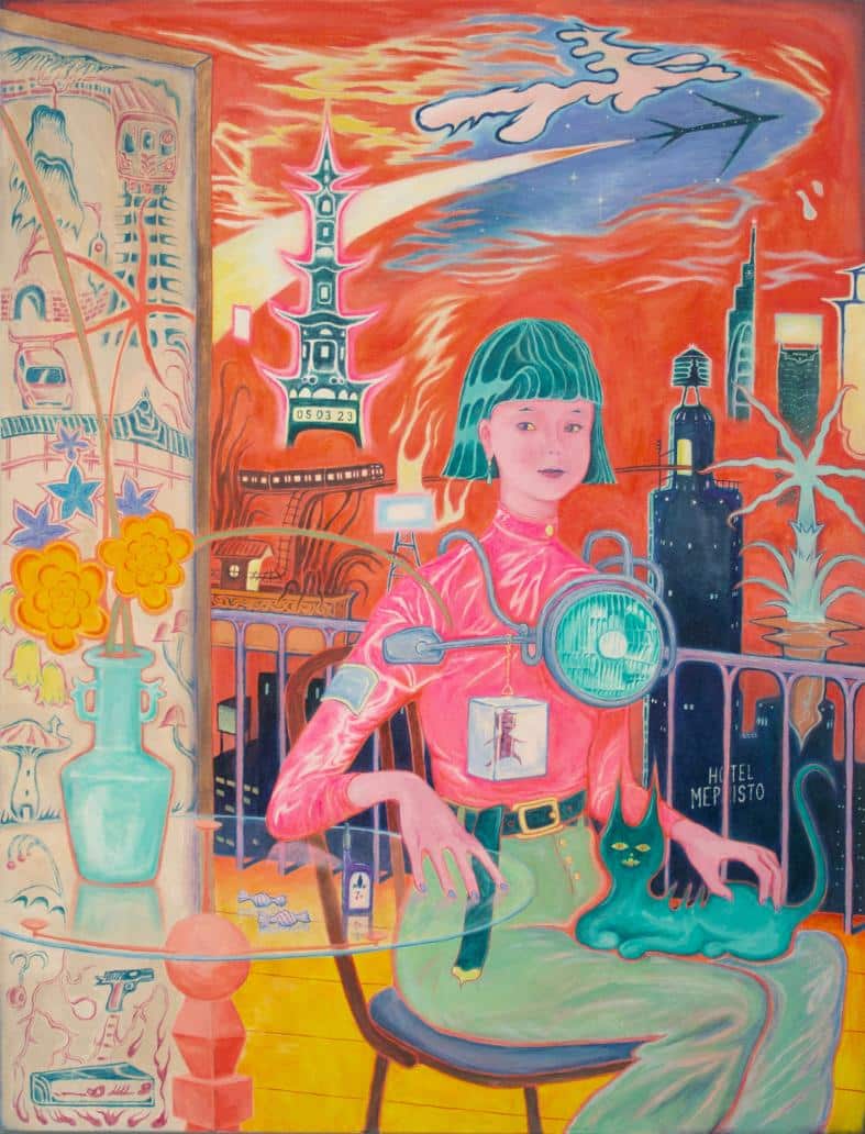 Colorful surreal painting of a woman with teal hair sitting at a table with a black cat, cityscape, and vibrant sunset background.