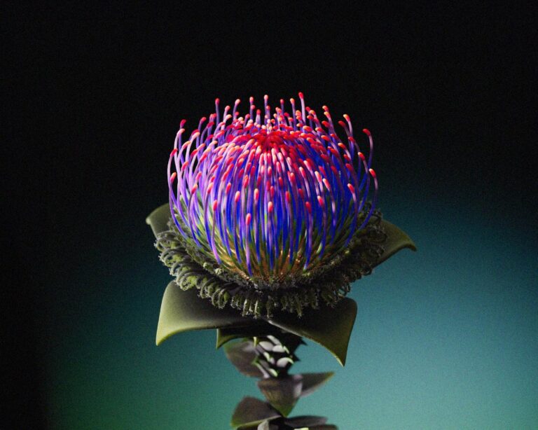 Serdar Ayvaz’s Enchanted Fusion of Nature and Digital Art Vibrant protea flower with glowing pink and purple tendrils on a dark background.