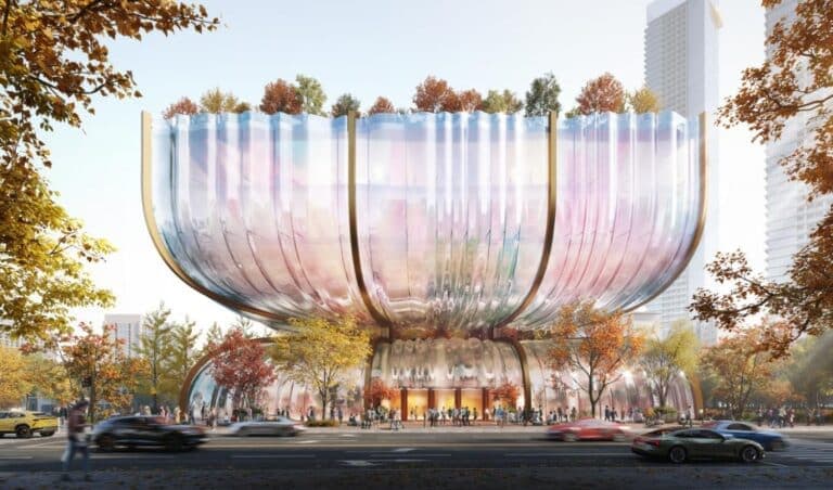 Heatherwick Studio’s Visionary Redesign of Hanwha Galleria in Seoul Stunning modern architectural building with reflective glass exterior in an urban setting.