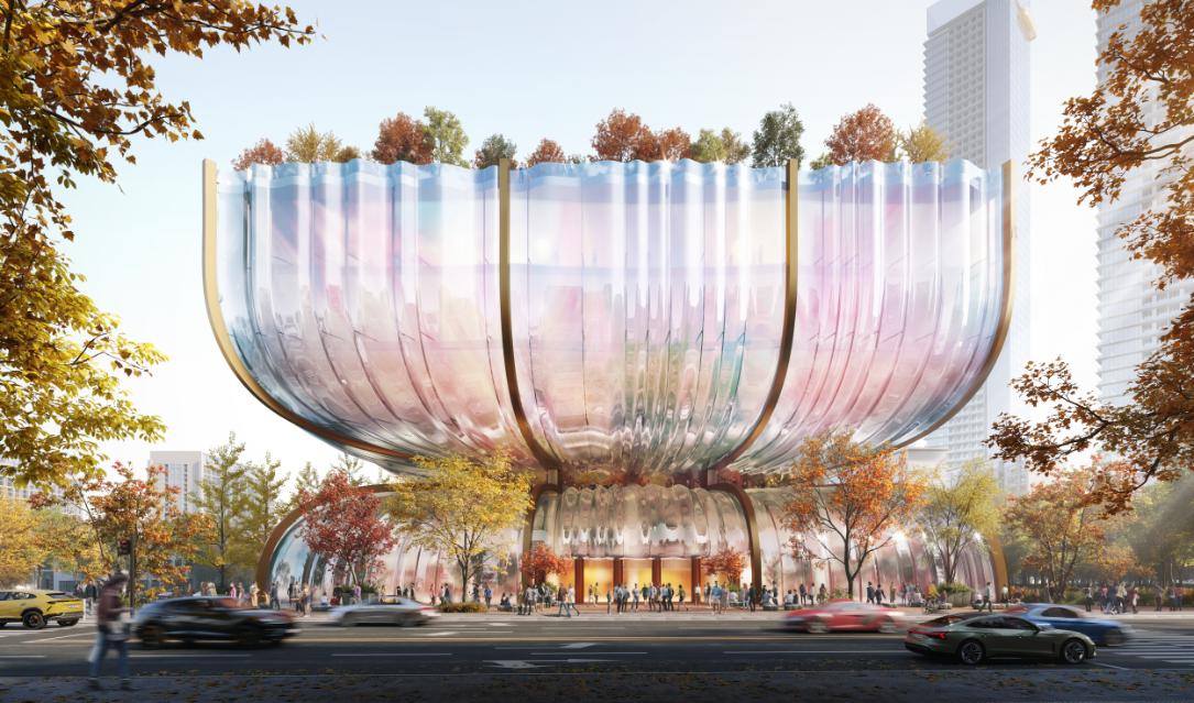Stunning modern architectural building with reflective glass exterior in an urban setting.