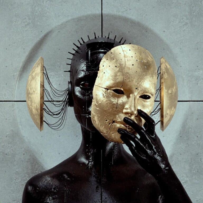 A figure with a golden mask blends humanity and technology in a surreal, introspective setting.