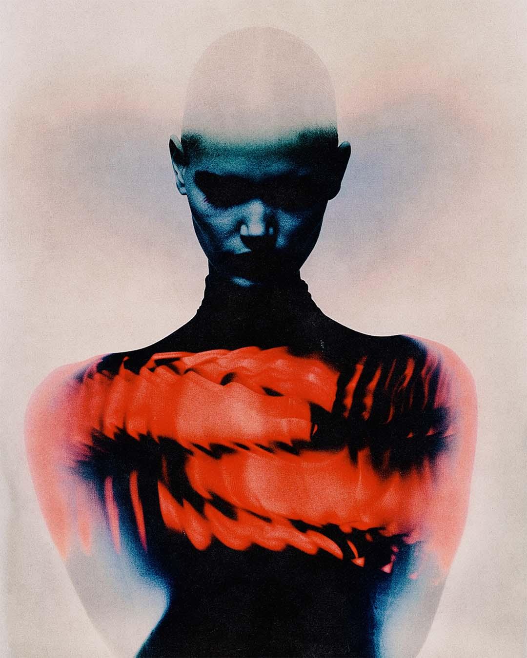 Ethereal figure in contemplation with dynamic red and black patterns, symbolizing inner conflict.