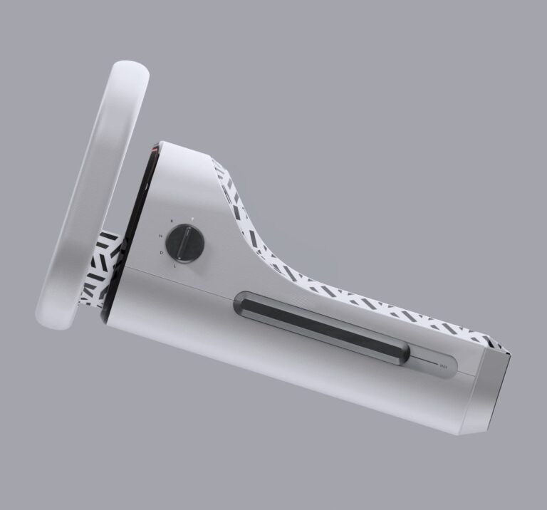 Sleek ergonomic device with circular button and side opening, designed for modern usability.