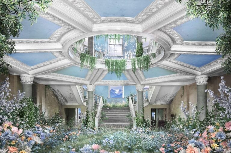 Ascend: A Bitcoin-Inscribed Artwork by Ryan Koopmans & Alice Wexell Elegant interior with floral decor and ornate ceiling design in a luxurious mansion.