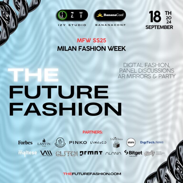The Future Fashion 2024: The upcoming digital fashion event in Milan Futuristic fashion event poster promoting Milan Fashion Week and digital fashion innovations.