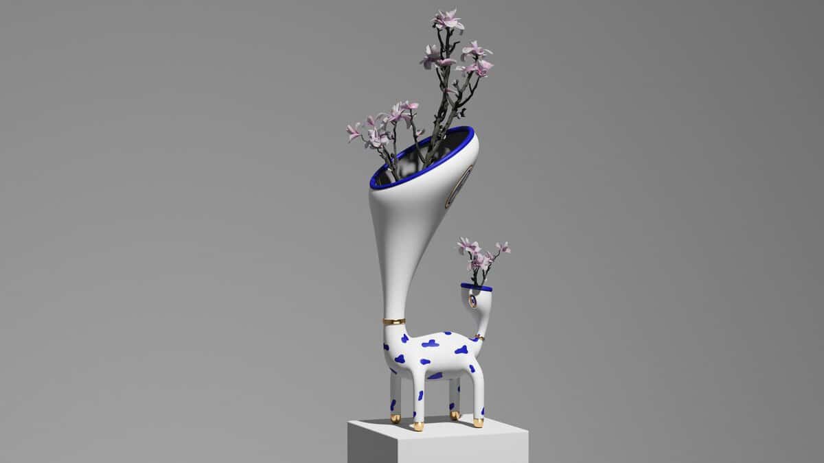 Vase-shaped sculpture with flowering branches, modern art piece by Visual Atelier 8.