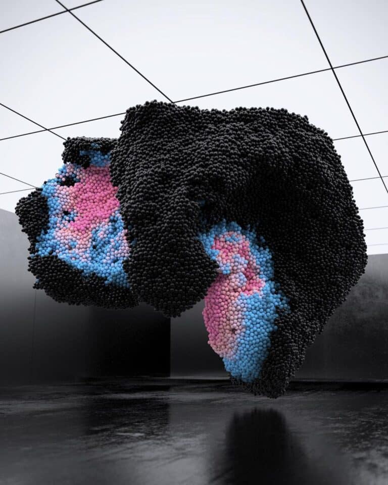 An interview with Maxim Zhestkov on exploring innovative visual languages Colorful 3D art installation of spheres forming an abstract sculpture with pink, blue, and black hues at Visual Atelier 8.