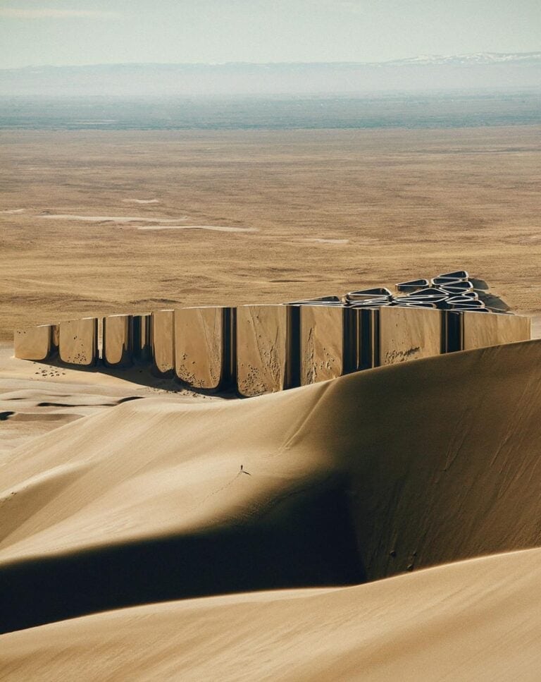 Millennium Horizon A Visionary Future Cityscape in the UAE Seductive desert dunes and contemporary art installation at dawn, vast landscape and innovative architecture use, minimalism and nature harmony.