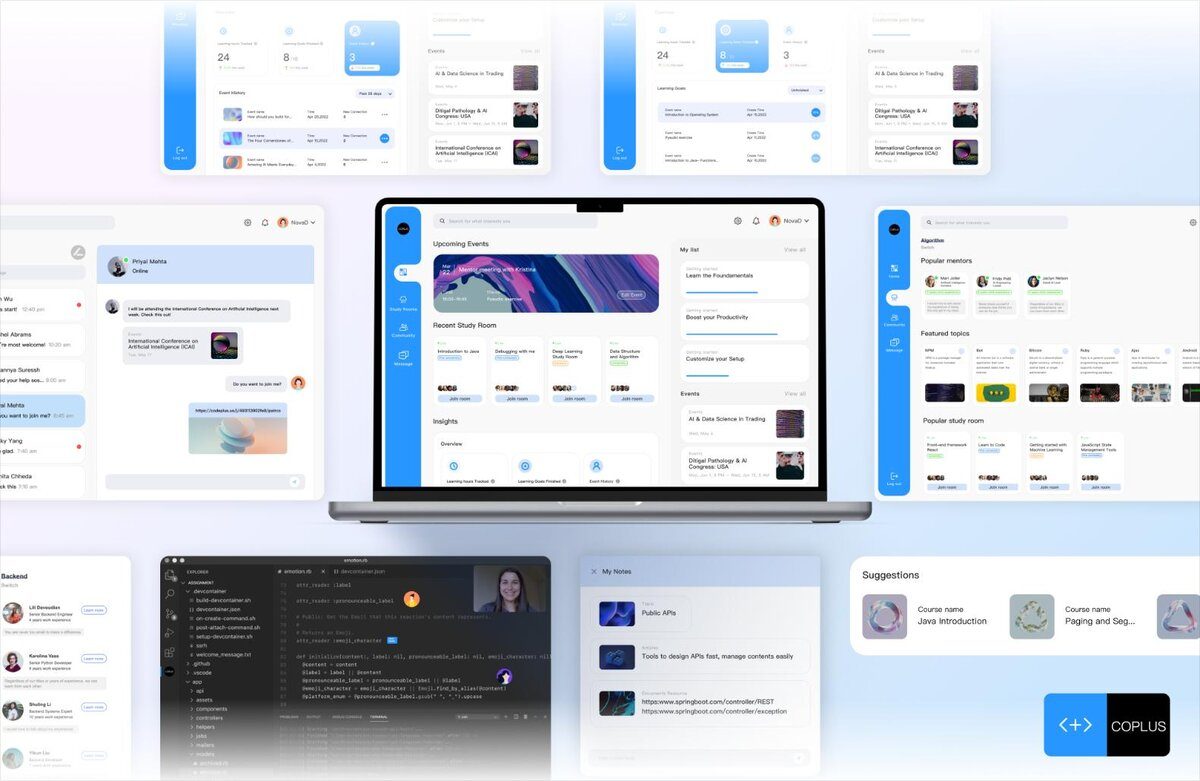 User interface design of Visual Atelier 8 platform showcasing project management, coding, and learning tools for digital professionals.
