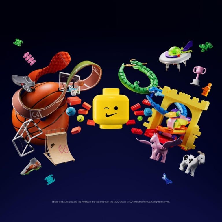 Colors And The Kids creates a dynamic animation for Nike x LEGO partnership Colorful LEGO toys and sports equipment floating in midair on a dark background.