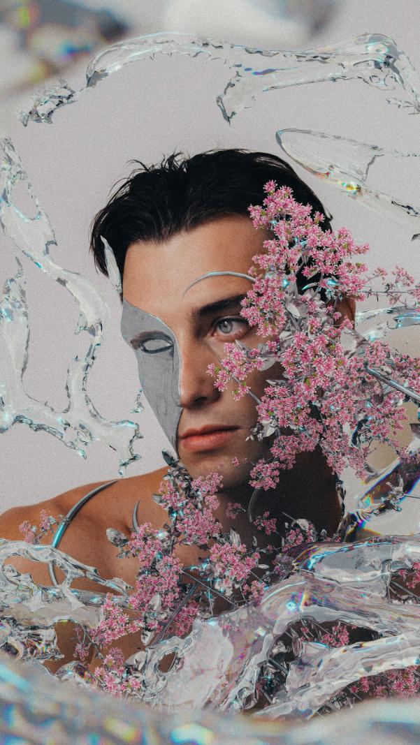 An Interview With Calvyn Justus: From Olympic Athlete To Accomplished Digital Artist Wet abstract art with glass shards and pink cherry blossoms, futuristic portrait photography, fashion innovation, artistic expression, modern creativity.