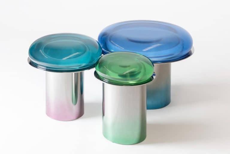 Dewdrops coffee table by Draga & Aurel: A playful fusion of transparency and elegance Colorful glass side tables with metallic bases, modern home decor, and artistic design.