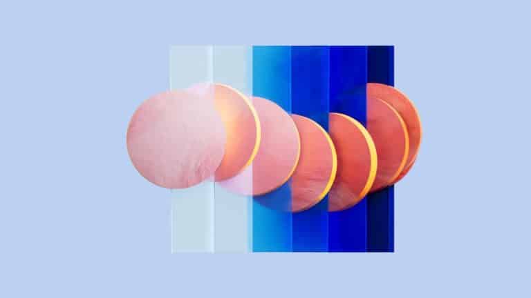 Equilibrium by Ordinary Folk a masterful blend of 3D and 2D animation techniques Pink and orange circular art pieces with layered blue backgrounds, modern art installation at Visual Atelier 8.