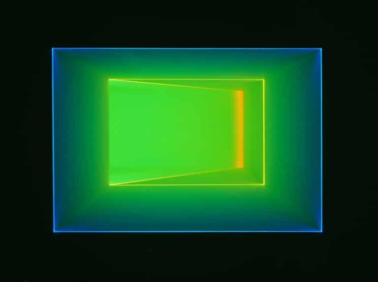 James Turrell's largest European exhibition in 25 years opens at Gagosian Le Bourget Vibrant neon geometric art with glowing green, yellow, and blue lines against a dark background.