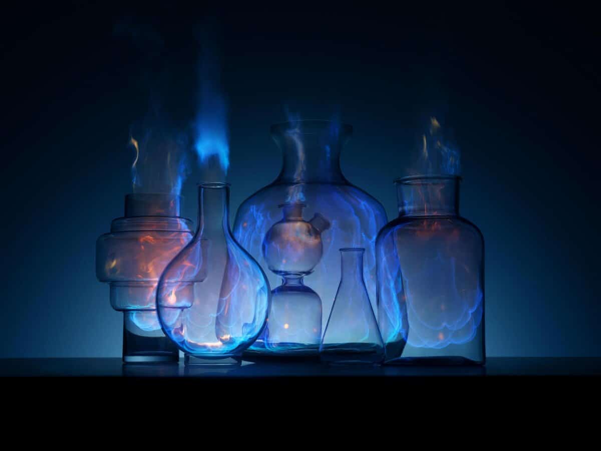 Bright blue flames emanate from glass laboratory flasks, creating a captivating scientific experiment scene.