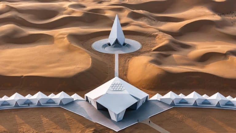 ZhongWei Desert Diamond Hotel a luxurious oasis nestled in the heart of the desert Futuristic desert architecture with white geometric buildings and sand dunes in the background.