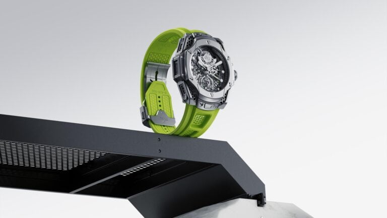 Ditroit creates a visually stunning film for Hublot Tourbillon SR_A Luxury sports watch with green silicone strap and skeleton dial, modern horology design, high-tech watch craftsmanship, branded luxury timepiece.