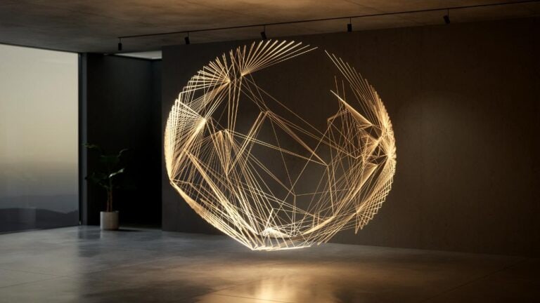 Spatial AI exploring the future of artificial intelligence in physical spaces Illuminated geometric light sculpture in modern gallery space.