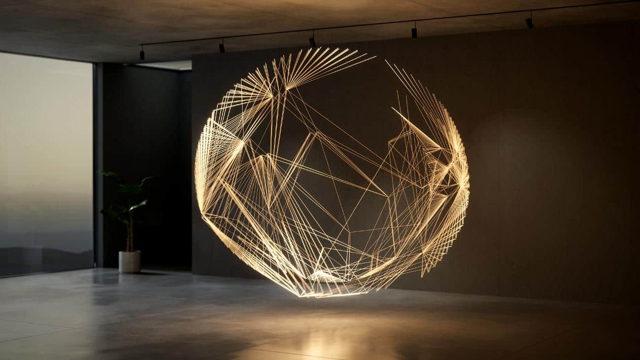 Illuminated geometric light sculpture in modern gallery space.