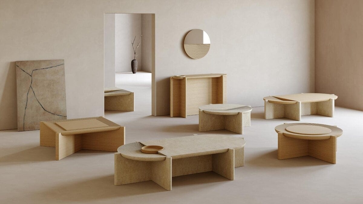 Minimalist beige furniture with modern aesthetic in a neutral-toned interior.