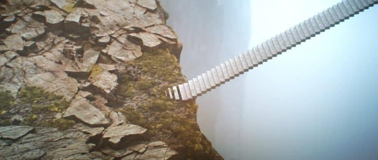 Trizz Studio creates a captivating visual experience for Ivan Llopis' "Blurred Cliff" Suspended wooden bridge over a foggy canyon with rocky cliffs and moss, illustrating outdoor adventure and nature exploration.