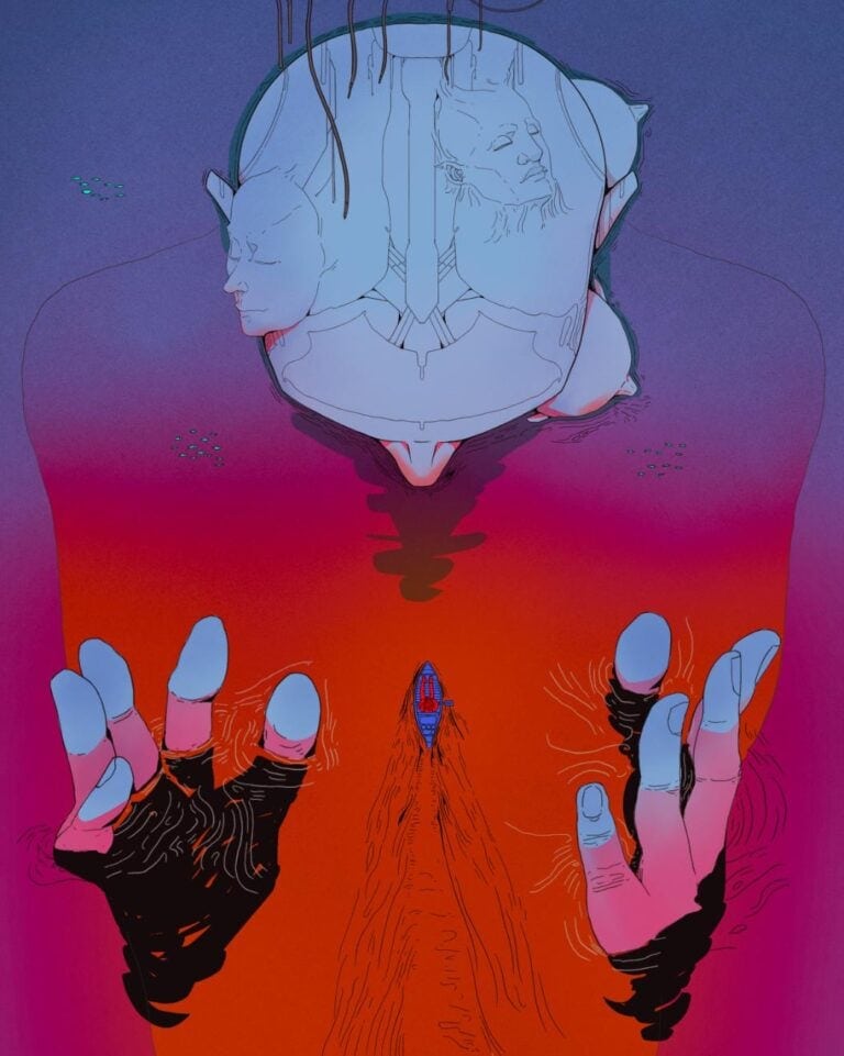 Yuanhao Tang is elevating illustration through conceptual depth and fresh perspective Dreamlike digital artwork with surreal human faces and vibrant colors, abstract composition, futuristic aesthetic, concept art, visual storytelling.