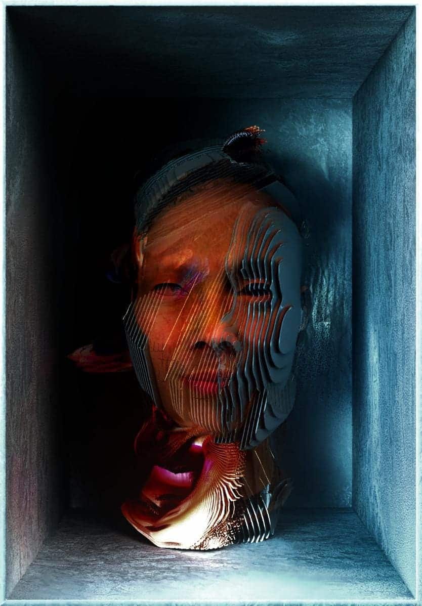 Futuristic digital art of a human face sculpture inside a concrete box with abstract, layered textures and vibrant lighting.