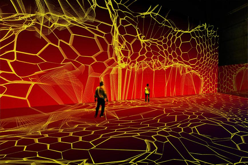 Futuristic digital art installation with glowing hexagonal patterns and vibrant red background.