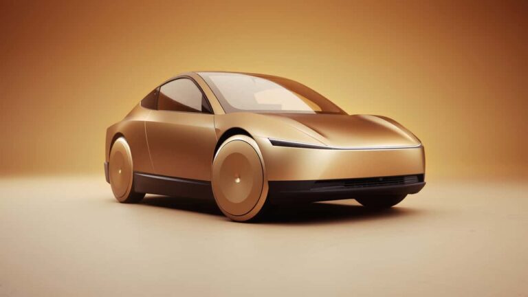 Cybercab Robotaxi: Tesla unveils its long-awaited autonomous vehicle Sleek golden futuristic concept car with smooth curves and minimalist design.