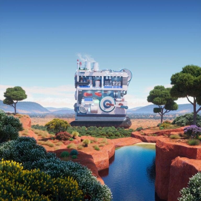 BUCK striking visualization of Australia’s clean energy future Futuristic machine in desert landscape with trees and water canyon, digital illustration.