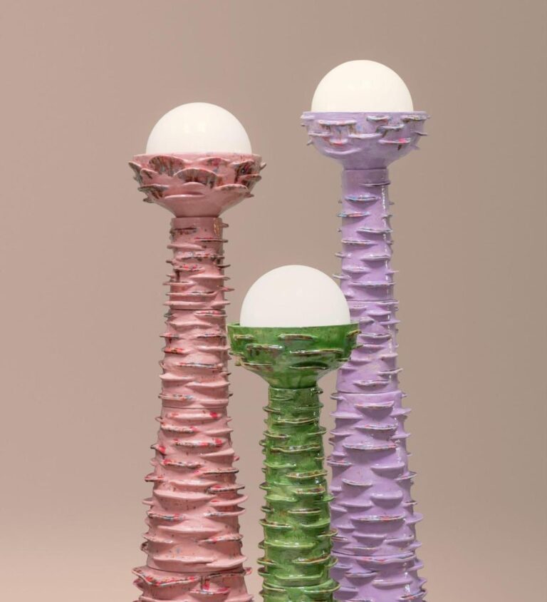 "Ceramic Blossom" by Masquespacio, an unique ceramic collection Colorful ceramic candle holders with textured spiral design and spherical white candles.