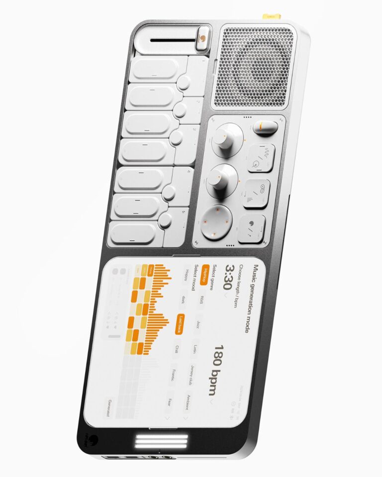 Haechan Ryu's Happy Music Mixer 07, a generative AI-powered device A versatile music production device with touch screen interface and grid-based controls.