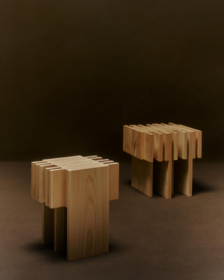 Offcut Collection by Lærke Ryom an exploration of wood's natural beauty Wooden modern stools for interior decor.