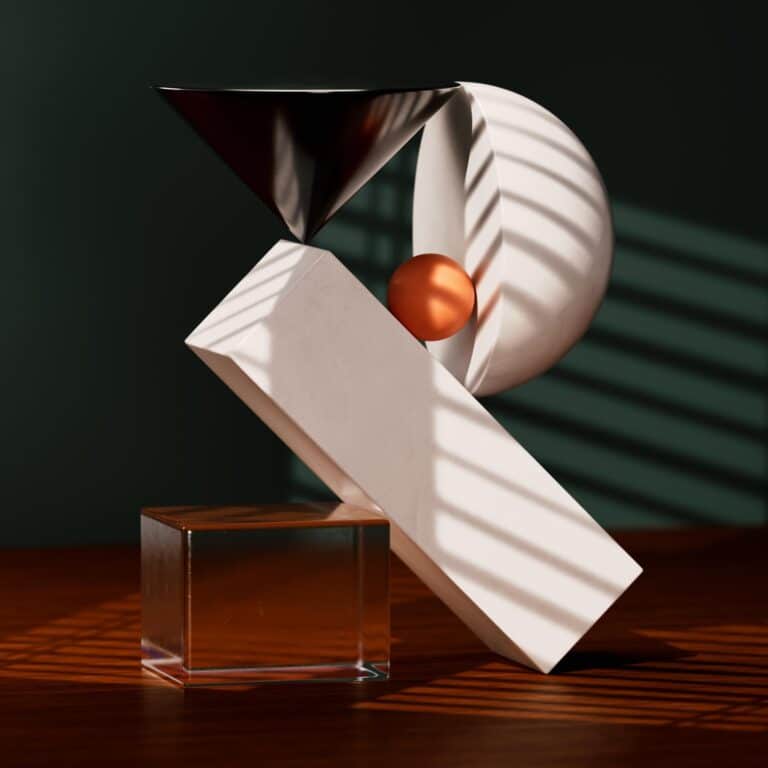 Sawdust creates atmospheric and enigmatic digital artworks Metal and geometric abstract sculpture with diverse shapes, shadows, and warm lighting for modern art decor.